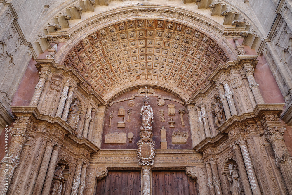 Palma de Mallorca, 7 Nov 2022: Entrance door to the Cathedral Basilica of Santa Maria de Mallorca