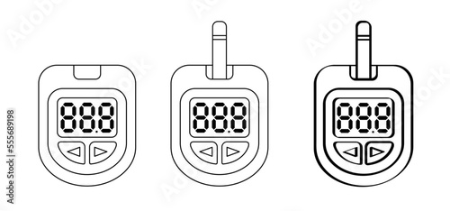 Blood, glucose meter or glucometer. Blood sugar test, level on display. Diabetes insulin. Device for testing and monitoring level of sugar. Cartoon control and diagnosis of diabetes or glycemia. 