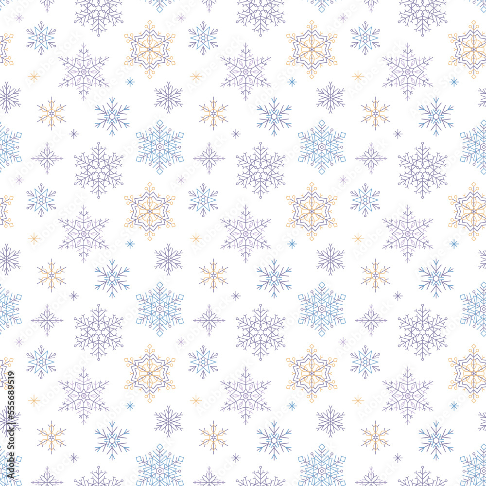 Snowflake simple seamless pattern. Colorful snow on blue background. Repeating winter symbol, Merry Christmas holiday