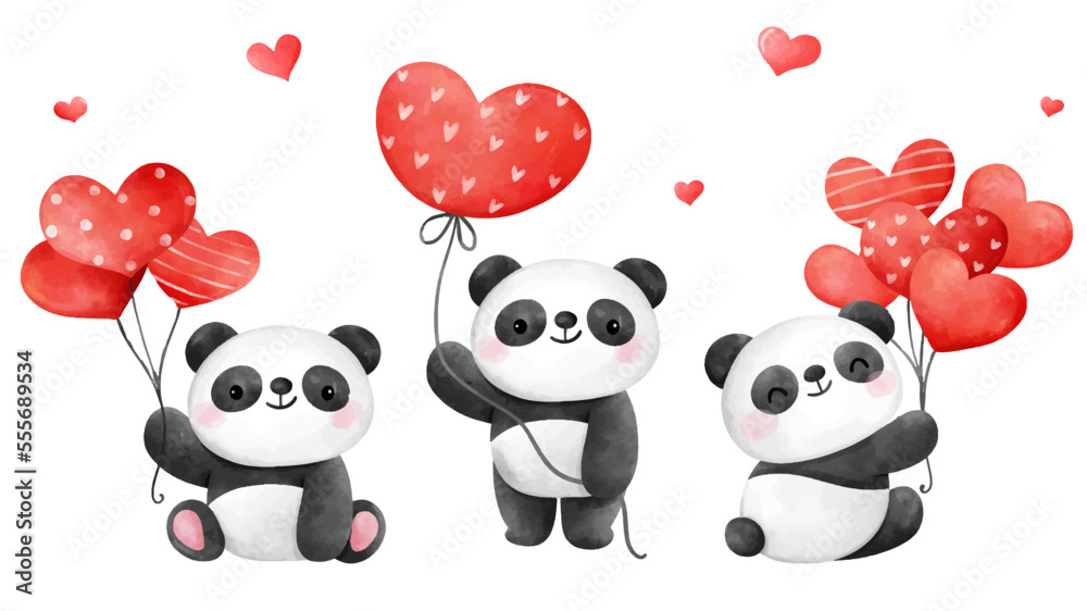 Fototapeta Draw panda bear with heart balloon for valentine day