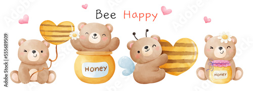 Draw banner cute bear  with honey bee for spring and summer