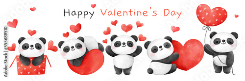 Draw banner cute panda bear with red heart for valentine day