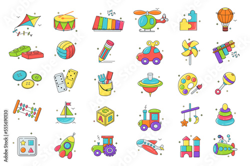 Kids toys isolated graphic elements set in flat design. Bundle of kite, drum, xylophone, helicopter, puzzles, balloon, constructor, ball, pencil, car, buttons, dominoes and other. Illustration.