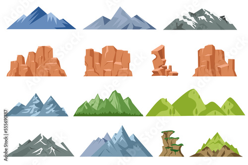 Mountains isolated graphic elements set in flat design. Bundle of different mountain peaks and rocks with ice or green plants. Rocky landscape symbols for camping and hiking. Illustration.