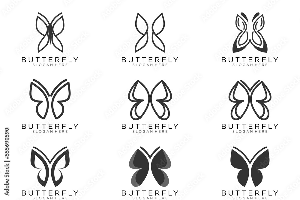 Butterfly continuous line drawing elements set isolated on white background. Vector illustration.