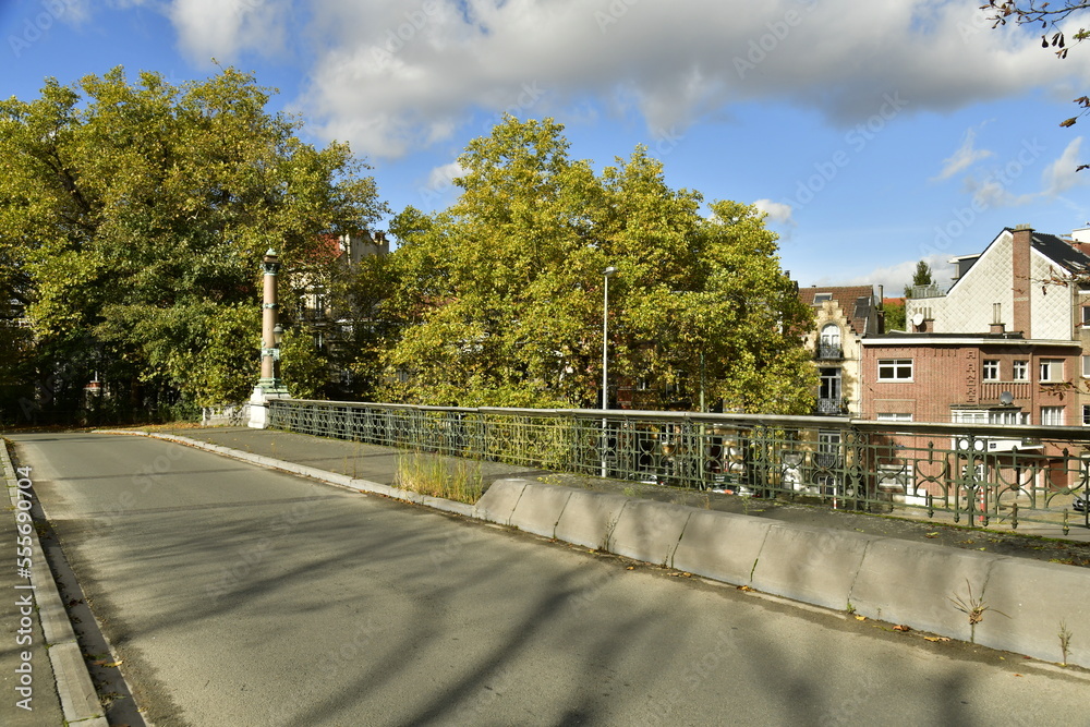 Feuillage en automne des arbres au pont reliant les parcs de la Princesse Clémentine et Jean Sobieski à Laeken 