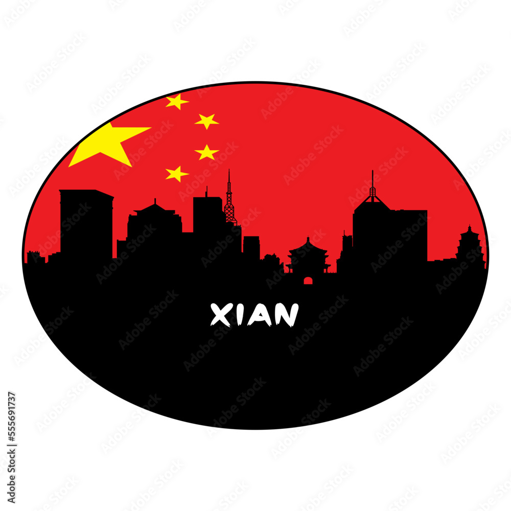 Xian China Flag Skyline Silhouette Retro Vintage Sunset Xian Lover Travel Souvenir Sticker Vector Illustration SVG EPS