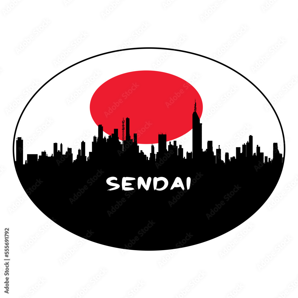 Sendai Japan Flag Skyline Silhouette Retro Vintage Sunset Sendai Lover Travel Souvenir Sticker Vector Illustration SVG EPS