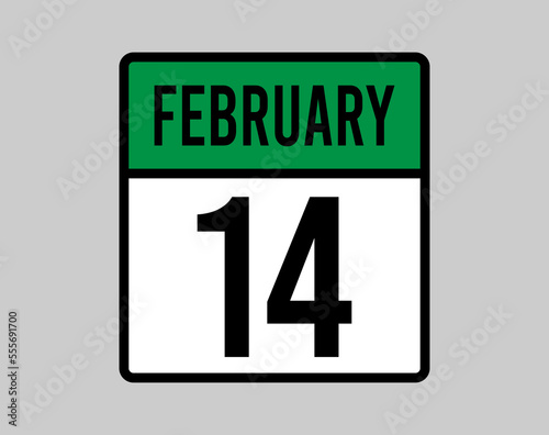 14 February day calendar page. Vector for February days in green calendar icon. Design of the month on light background