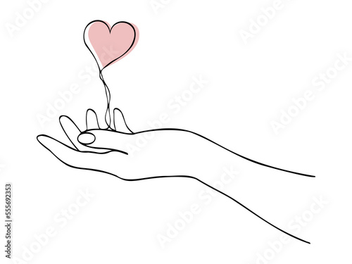 Continuous one line drawing with hand and heart. Hand holding heart. Vector illustration. Black line art on white background.