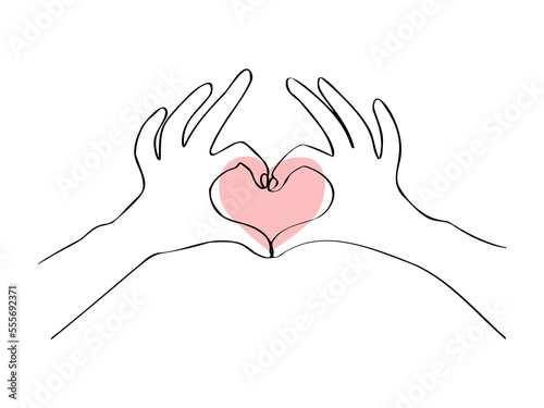 Continuous one line drawing with hand and heart. Two hands making heart. Vector illustration. Black line art on white background.
