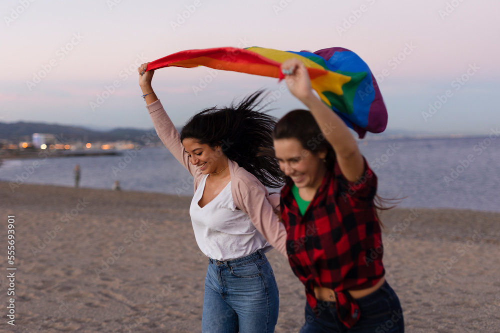 Beautiful lesbian young couple embraces and holds a rainbow flag. Girls enjoy at the beach.