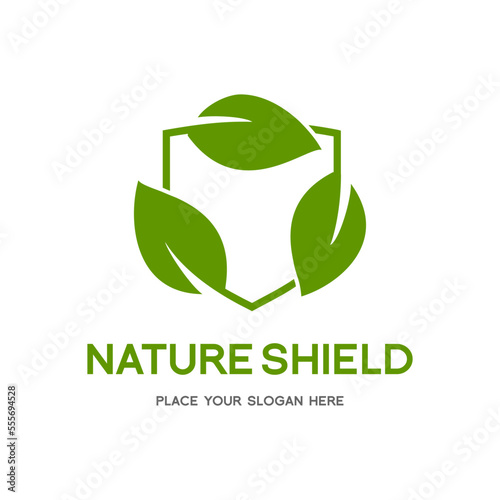 Nature or green shield vector logo template. This graphic with leaves or tree symbol. Suitable for ecology, farm, protect, guard, environment, recycle and emblem.