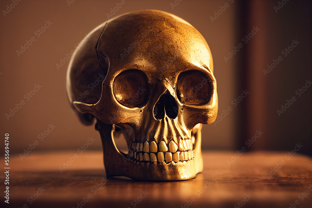 Human skull painted with gold. AI generated photorealistic image of a human skull Human skull painted with gold. AI generated photorealistic image of a human skull