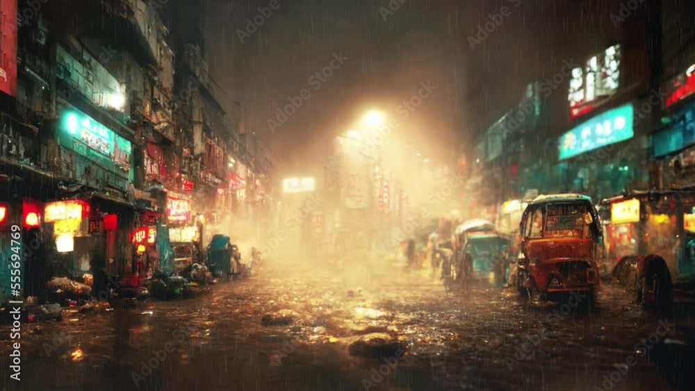 Futuristic street of a dark night Asian city. Rain, wet road, neon lights, oriental market. Cyberpunk concept. Futuristic street of a dark night Asian city. Rain, wet road, neon lights, oriental market. Cyberpunk concept.