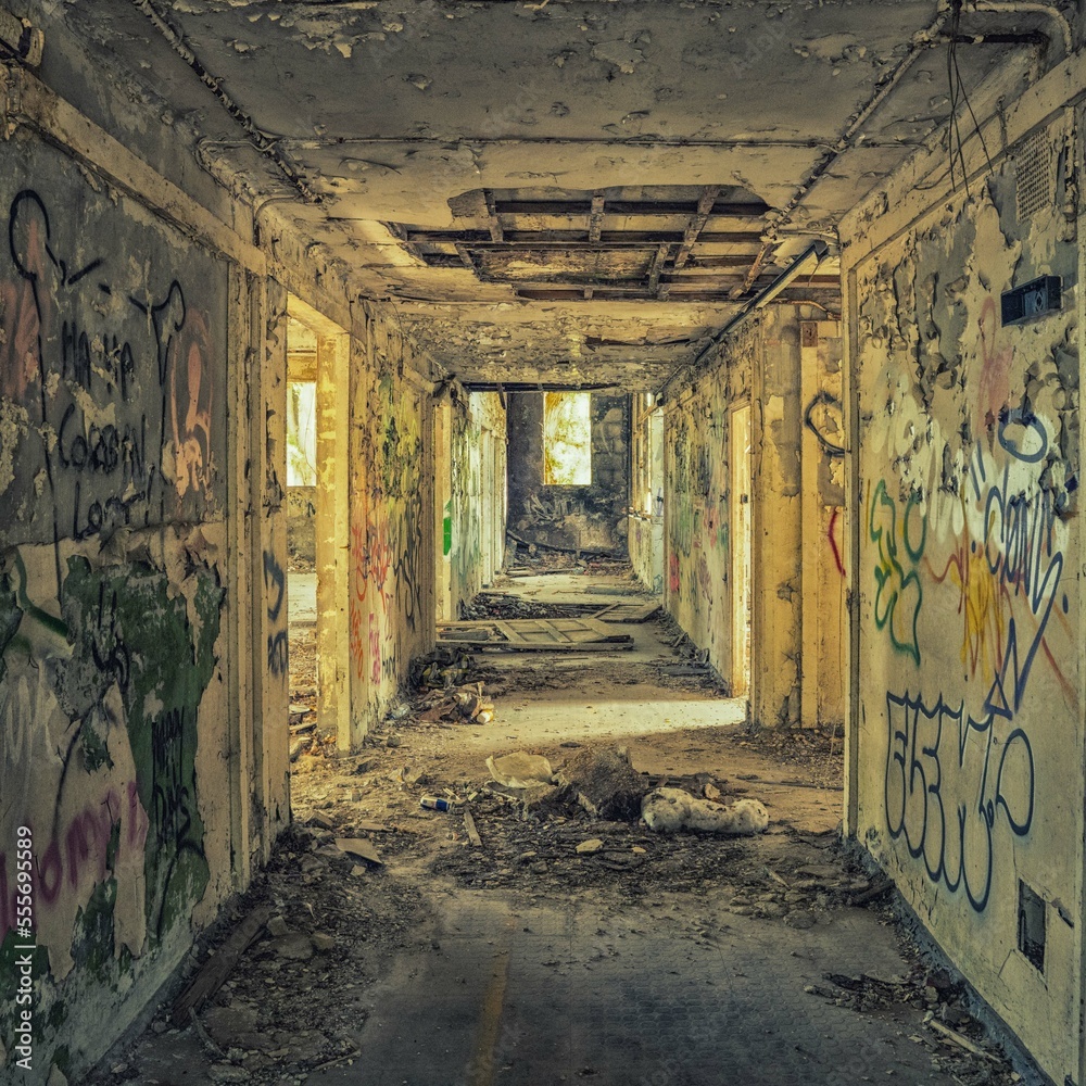 Ταπετσαρία Corridor in an abandoned and vandalised old airbase building