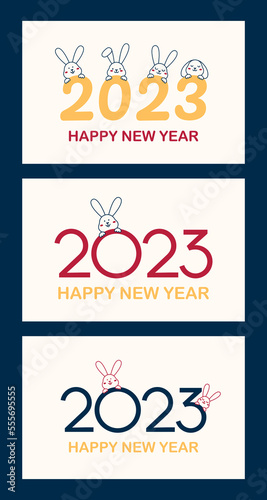 2023 Chinese new year. Year of the rabbit. Rectangular template designs for banners, covers, cards and invitations. Happy New Year. Cute rabbits and the numbers 2023