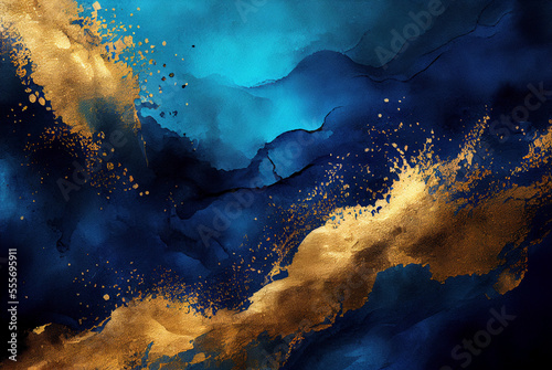 Abstract blue and metallic gold marble watercolor background, paint texture, created with Generative AI technology