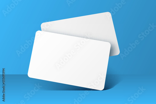 two paper white business card on blue background mockup template cover design Plastic blank sticker sheet label envelope 3d note blank