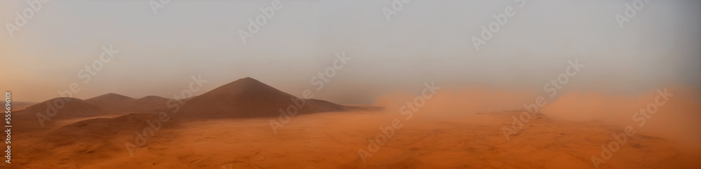 Desert storm, sand dunes and dry conditions, with a fierce and raging sand storm sweeping across the arid landscape. Generative AI