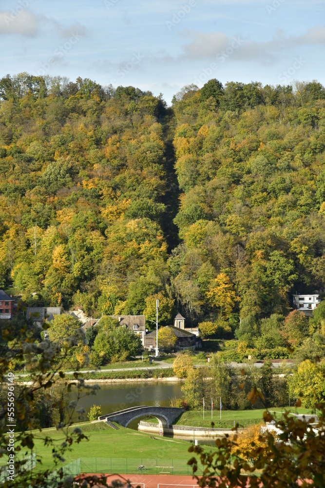 Collines boisées en automne bordant la Meuse à Anseremme au sud de Dinant 