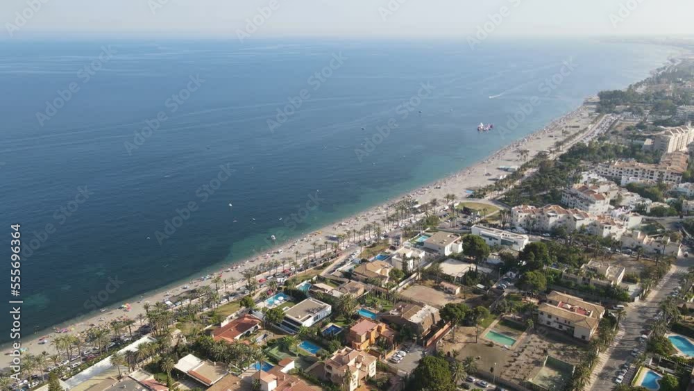 Drone view of Almeria Mediterranean coastline in touristic neighborhood Drone view of Almeria Mediterranean coastline in touristic neighborhood