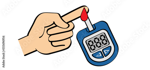 Glucose meter or glucometer. Blood sugar test, level on display. World diabetes day. People on unhealthy with overweight, obesity. Human hands and lifted up index. Finger and drops of blood. 