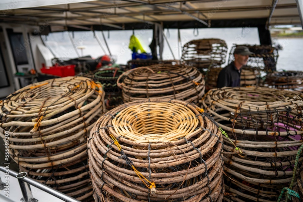 crayfish cray pots on the back of a fishing boat in tasmania australia crayfish cray pots on the back of a fishing boat in tasmania australia