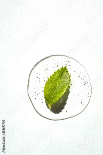 A drop of clear cosmetic product with air bubbles and a green natural plant leaf on a pale green background. Vertical image, flat lay.