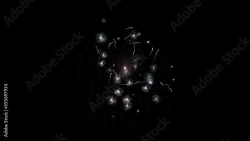 Explosions fireworks smoke and fall of under influence of gravity on black background. Science concept. Training for pyrotechnicians. Educational visual animation. 3d render