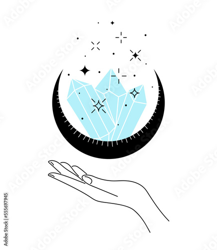 Mystic celestial crystals in moon and stars levitate over woman hand. Witch spirituality gemstone. Magic or healing mineral linear symbol. Esoteric tattoo or logo outline sketch. Vector illustration