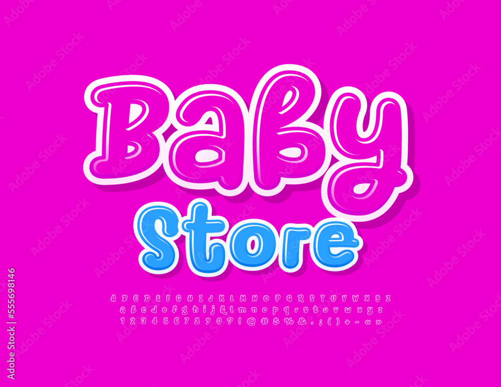 Vector artistic banner Baby Store. Pink glossy Font. Playful Alphabet Letters and Numbers set