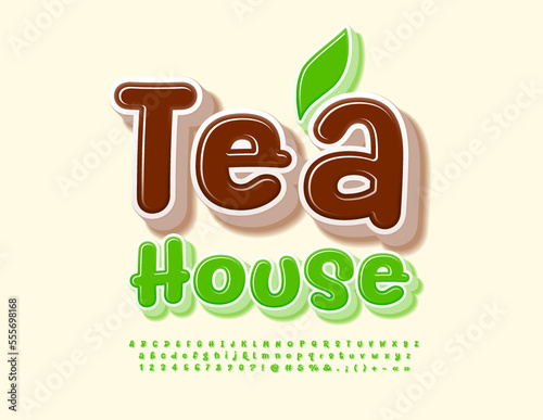 Vector advertising poster Tea House. Green handwritten 3D Font. Funny bright Alphabet Letters, Numbers and Symbols set. 