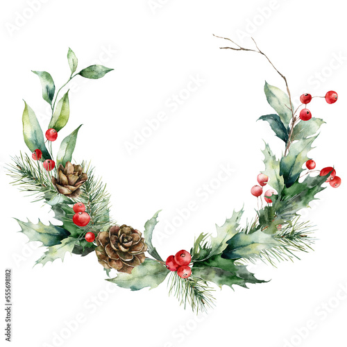 Watercolor Christmas wreath of red berries, pine cones and leaves. Hand painted holiday card of plants isolated on white background. Illustration for design, print or background.