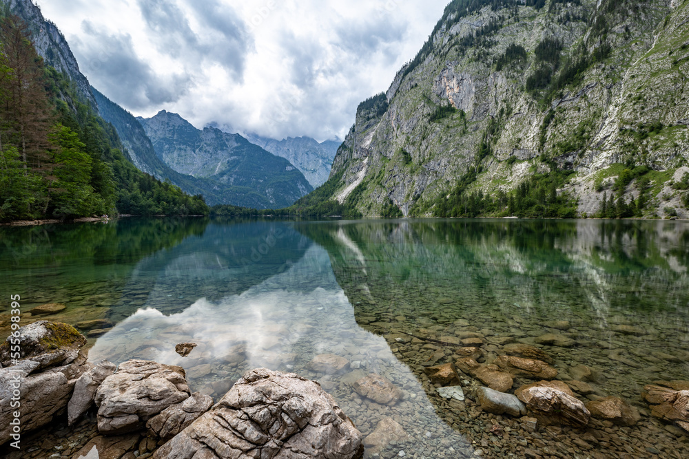 Fototapeta premium Reflection of Alps in Obersee, Germany, Europe