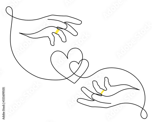 Hands with heart one line art, love concept continuous contour drawing, hand-drawn. Bridal, nuptials, engagement symbol. Editable stroke.Isolated.Vector illustration