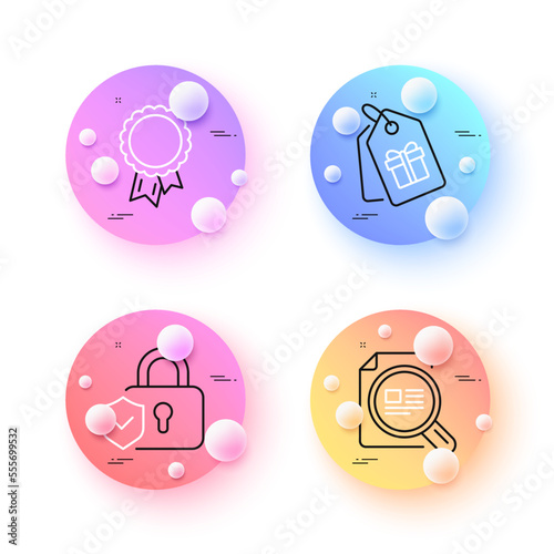 Success, Check article and Security lock minimal line icons. 3d spheres or balls buttons. Coupons icons. For web, application, printing. Award reward, Magnifying glass, Shield protection. Vector