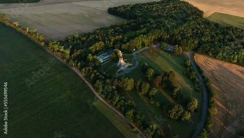 The Cairn of Peace Memorial of battle of Austerlitz. Czech republic, Central Europe, at sunset. Shot on a DJI MAVIC 3.