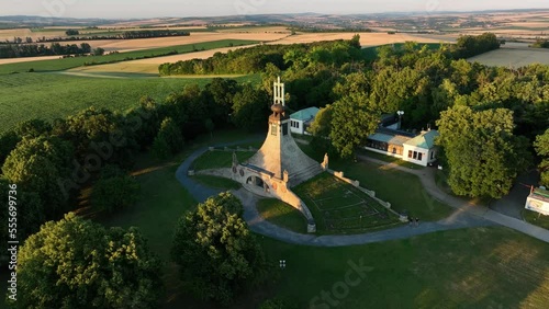 The Cairn of Peace Memorial of battle of Austerlitz. Czech republic, Central Europe, at sunset. Shot on a DJI MAVIC 3.