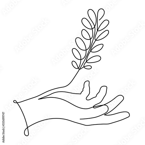 Hand holds branch with leafs,one line art,hand drawn continuous contour.Green energy idea concept.Sign of environmental friendliness.Decoration for banners,stories,posters.Editable stroke.Isolated