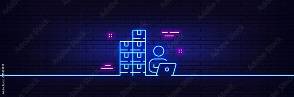 Neon light glow effect. Inventory line icon. Warehouse manager sign. Wholesale operator symbol. 3d line neon glow icon. Brick wall banner. Inventory outline. Vector