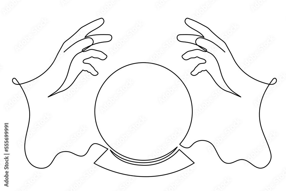 Hands hold divination crystal ball one line art, hand drawn magiv ...