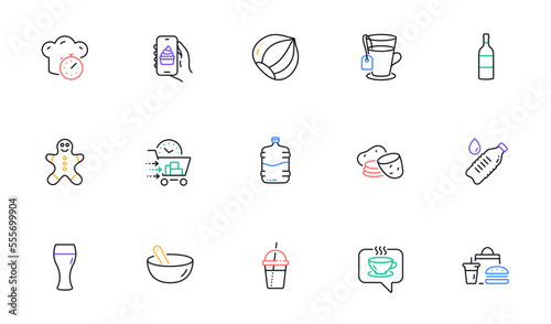 Food app, Cooler bottle and Beer glass line icons for website, printing. Collection of Tea, Gingerbread man, Potato icons. Cooking mix, Hazelnut, Water bottle web elements. Food delivery. Vector