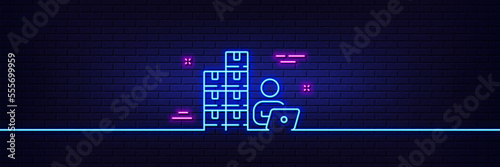 Neon light glow effect. Inventory line icon. Warehouse manager sign. Wholesale operator symbol. 3d line neon glow icon. Brick wall banner. Inventory outline. Vector © blankstock