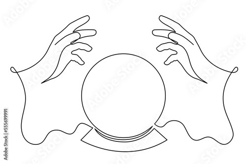 Hands hold divination crystal ball one line art, hand drawn magiv fortune telling continuous contour. Occult concept.Minimalistic art drawing. Editable stroke. Isolated. Vector illustration