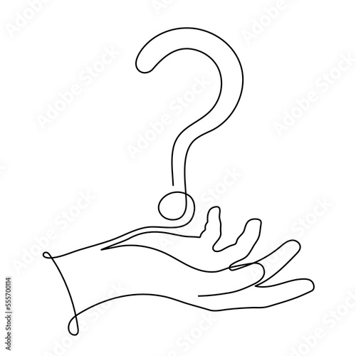 Hand holds question mark one line art, hand drawn asking sign continuous contour. Minimalistic art drawing. Editable stroke. Isolated. Vector illustration