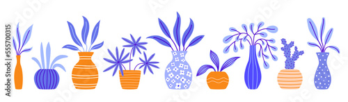 Set of colorful potted plants. Home flower growing collection. EPS 10 vector houseplant hand drawn flat illustration.
