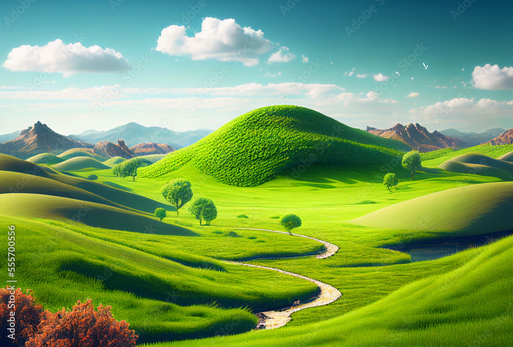 Summer Scene with Green Fields and Meadows. Rural Landscape. Generative AI Art. Green Grass on a Hills.
