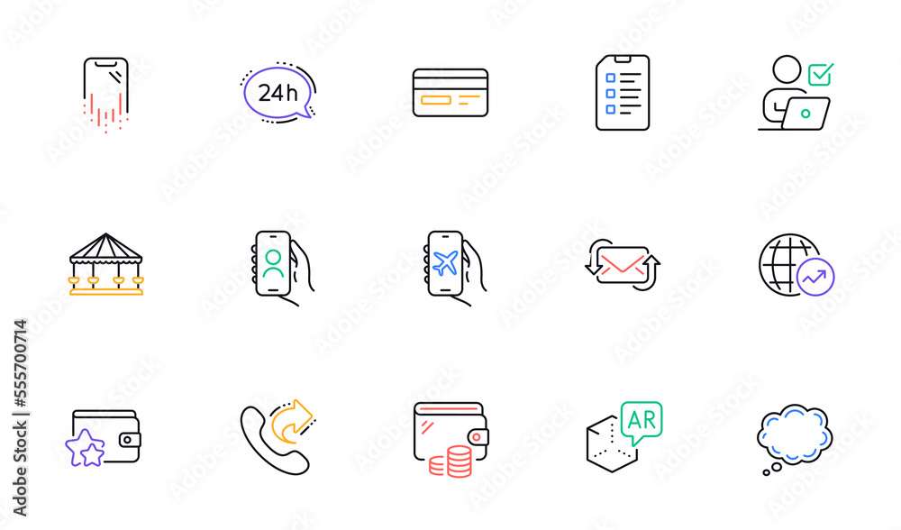 World statistics, Credit card and Smartphone recovery line icons for website, printing. Collection of Wallet, Share call, Refresh mail icons. Augmented reality, Checklist. Vector