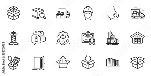 Outline set of Search package, Wholesale goods and Return package line icons for web application. Talk, information, delivery truck outline icon. Vector